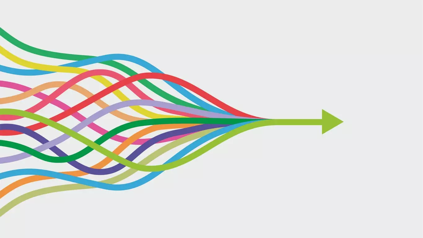 disorganized multicolored arrows synthesizing into one arrow