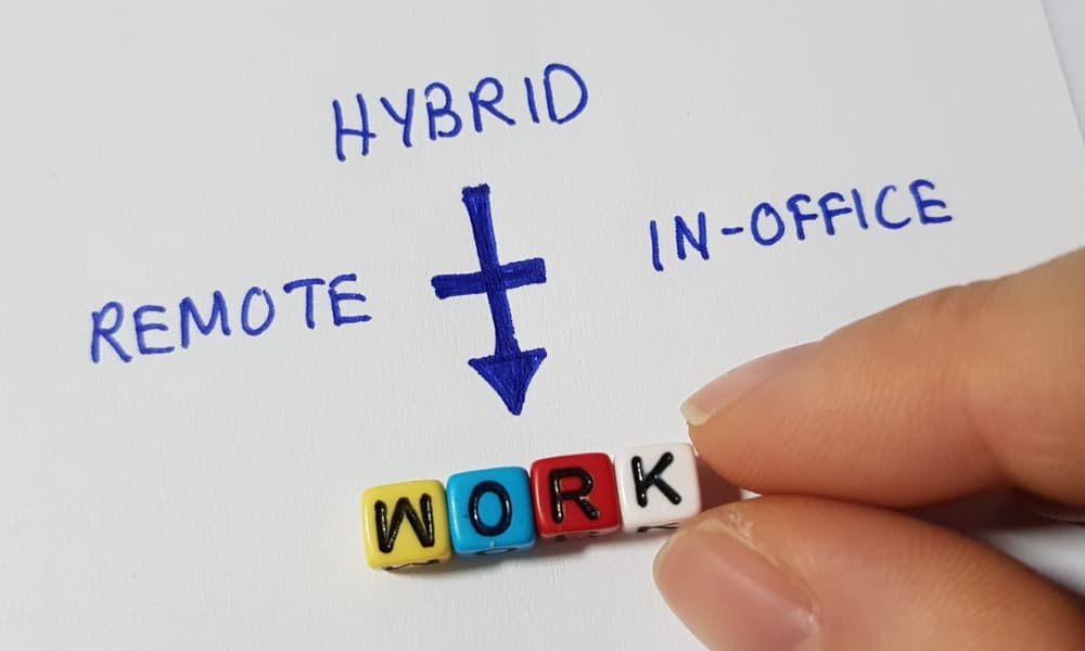 The words hybrid, remote, and in-office are connected by a downward arrow that points to a human hand laying out tiles that spell work.