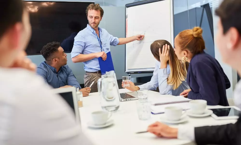 A group of five entrepreneurs in a conference room in front of a whiteboard where they have mapped out a business strategy.