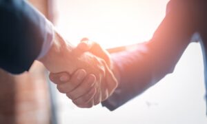 Female and male business people shake hands.